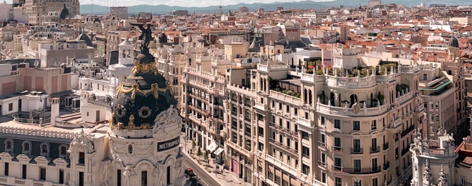 Aerial view of Gran Vía and the Metropolis building in Madrid