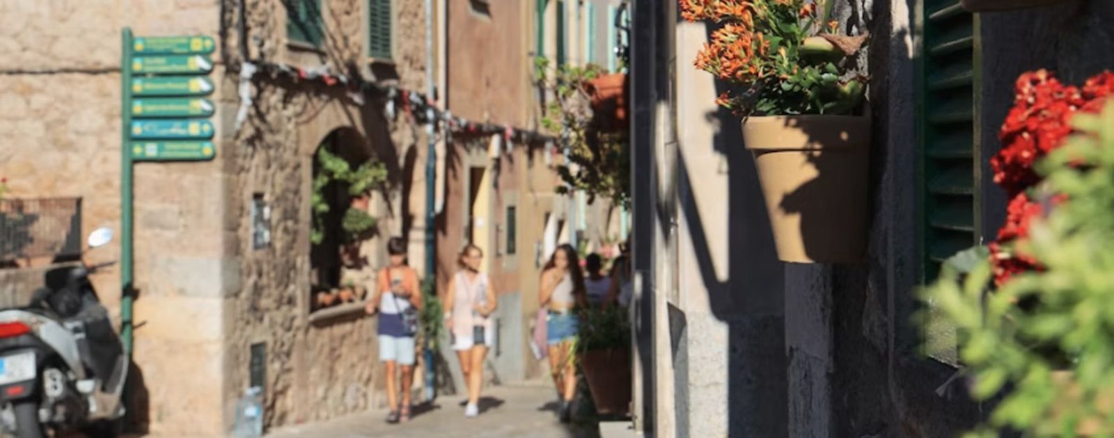 A cobblestone alley in Valldemossa lined with terracotta flower pots